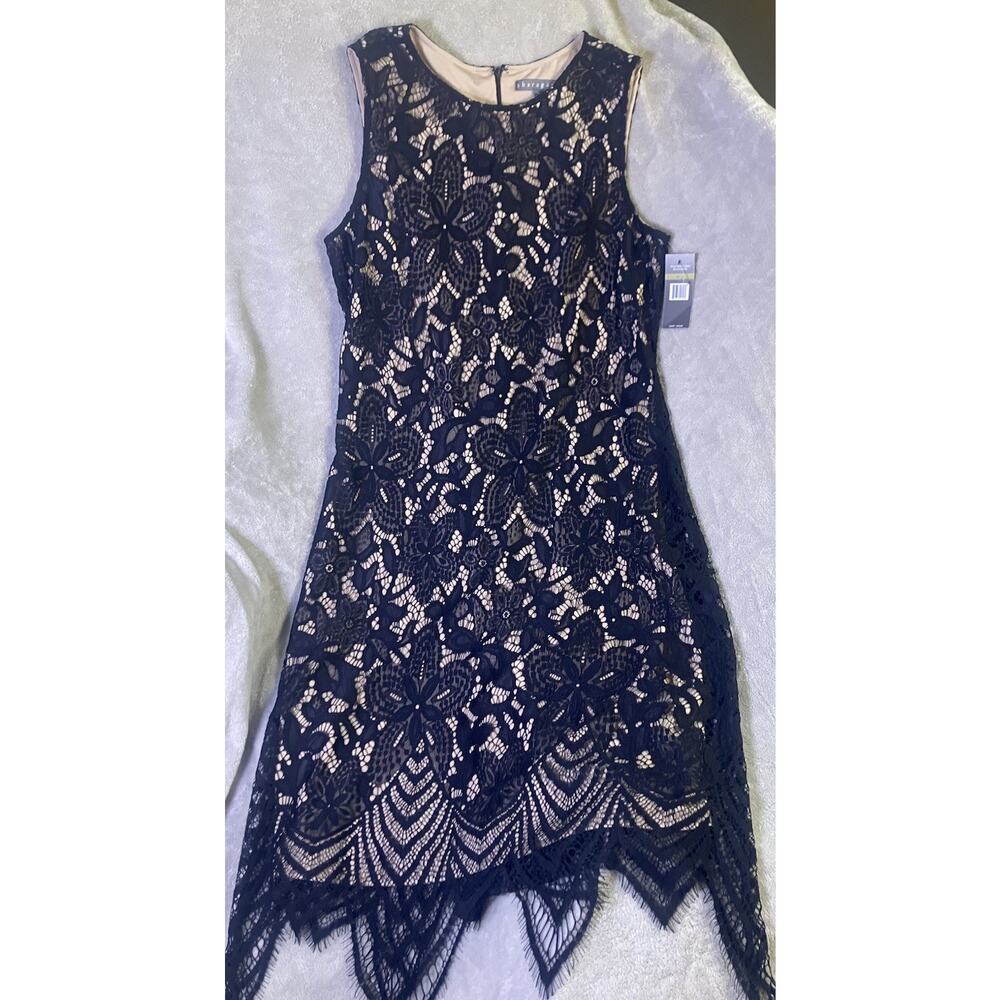 Sharagano Black Floral Lace Round Neck Sleeveless Sheath Lined Dress 14 NWT Midi